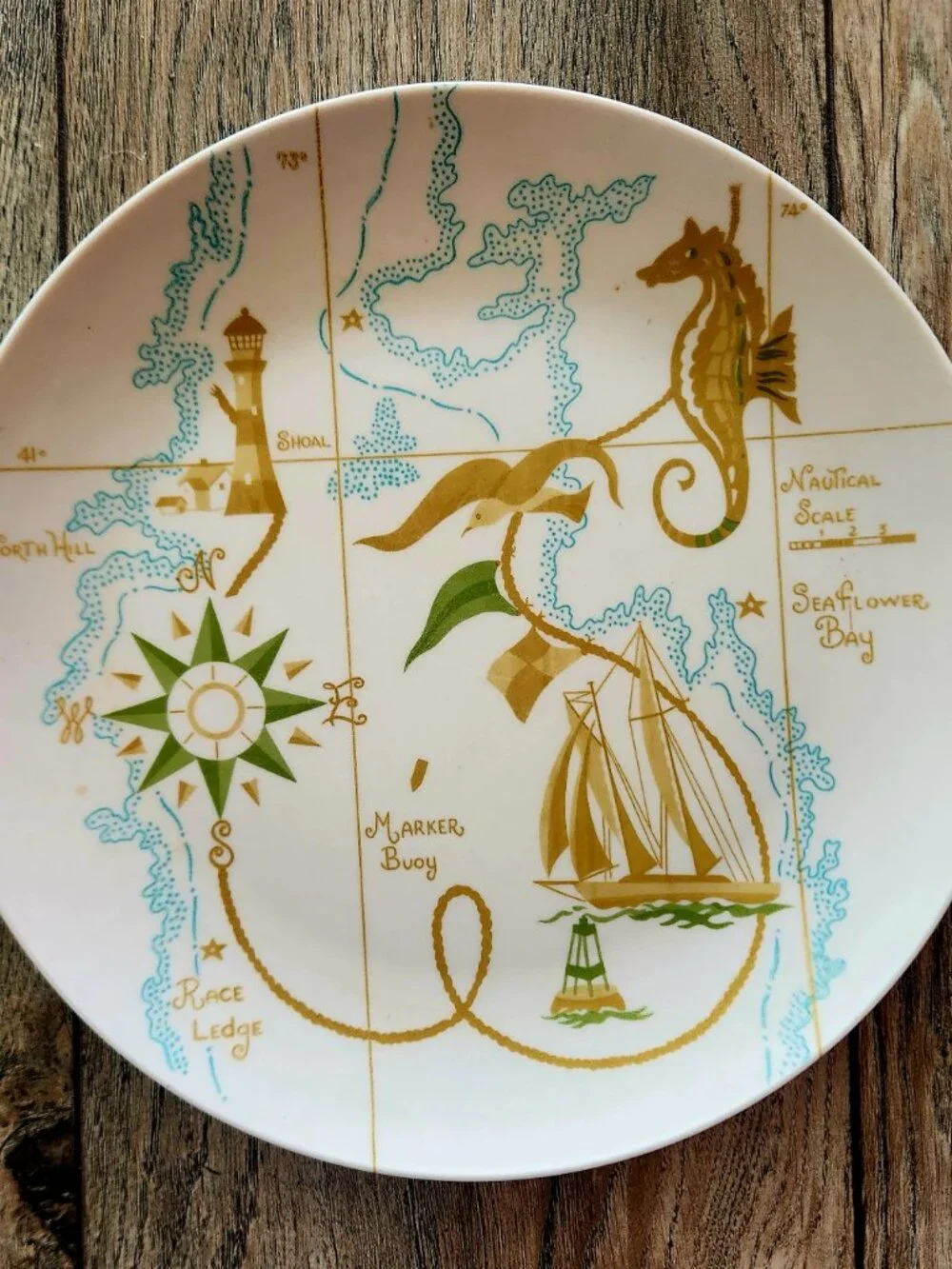 vintage melamine dishes nautical seahorse Boontonware set of 4